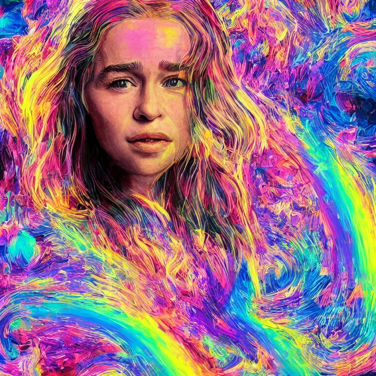 Prompt: Emilia Clarke, beautiful digital art, trippy rainbow art