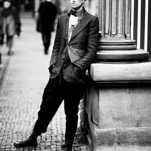 Prompt: A male German street fashion blogger from Berlin in the nineteen-twenties, highly detailed photo full shot