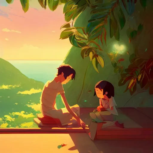 Image similar to enjoying the holidays in seychelles, detailed, cory loftis, james gilleard, atey ghailan, makoto shinkai, goro fujita, studio ghibli, rim light, exquisite lighting, clear focus, very coherent, plain background