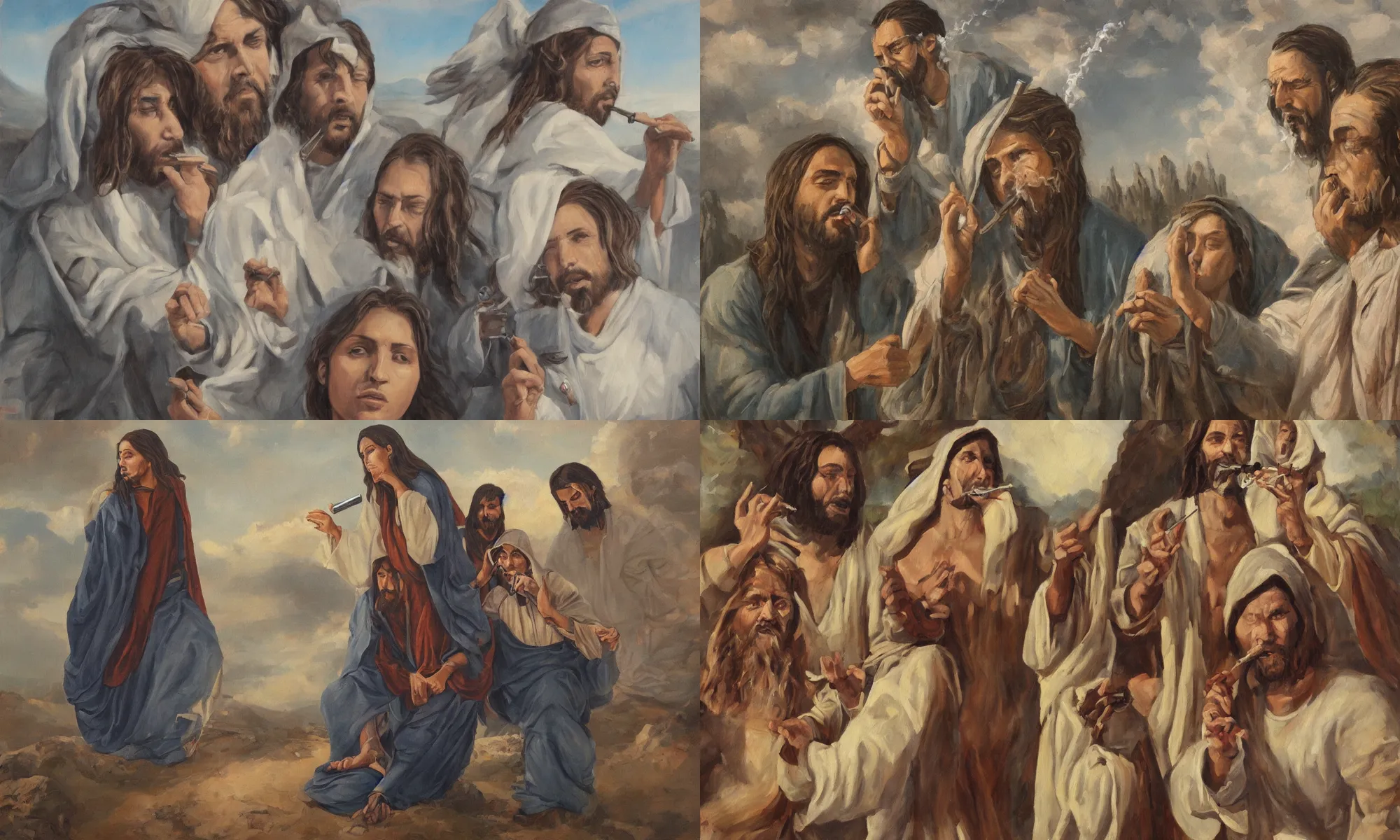 Prompt: a detailed painting of Frieda Khalo and Jesus smoking a blunt on a plateau, trending on artstation,artsationHQ, beautiful