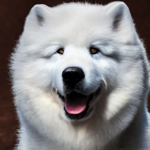 Prompt: hd, award winning photography of a close up portrait of a samoyed wearing wearing metallic, grey armor