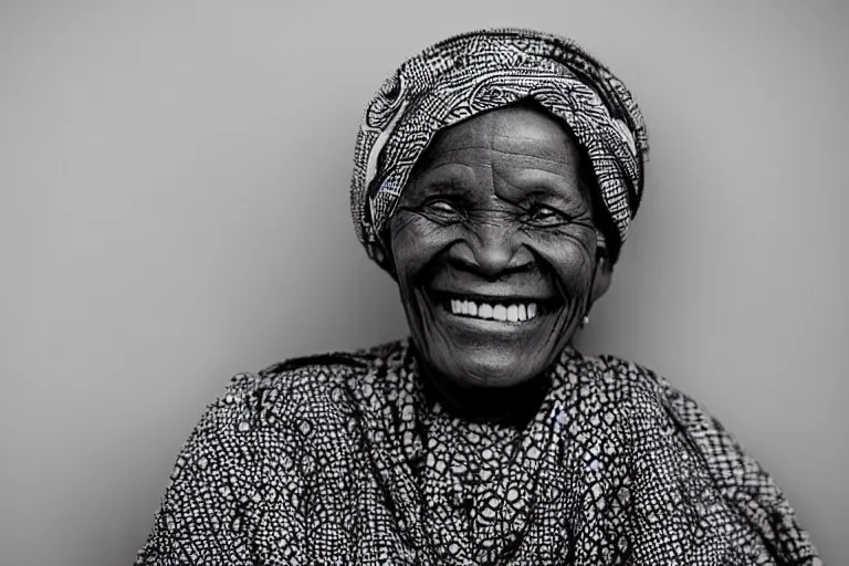 Prompt: still photo of a old african woman smiling at the camera on the street, black and white color aesthetic, highly detailed, photorealistic portrait, bright studio setting, studio lighting, crisp quality and light reflections, unreal engine 5 quality render