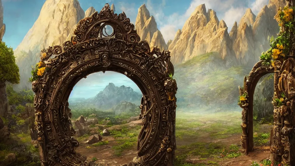 Image similar to A giant medieval fantasy portal gate with a rusty gold carved lion face at the center of it, the portal takes you to another world, full of colorful flowers on the lost Vibes and mountains in the background, spring, delicate fog, sea breeze rises in the air, by andreas rocha and john howe, and Martin Johnson Heade, featured on artstation, featured on behance, golden ratio, ultrawide angle, f32, well composed