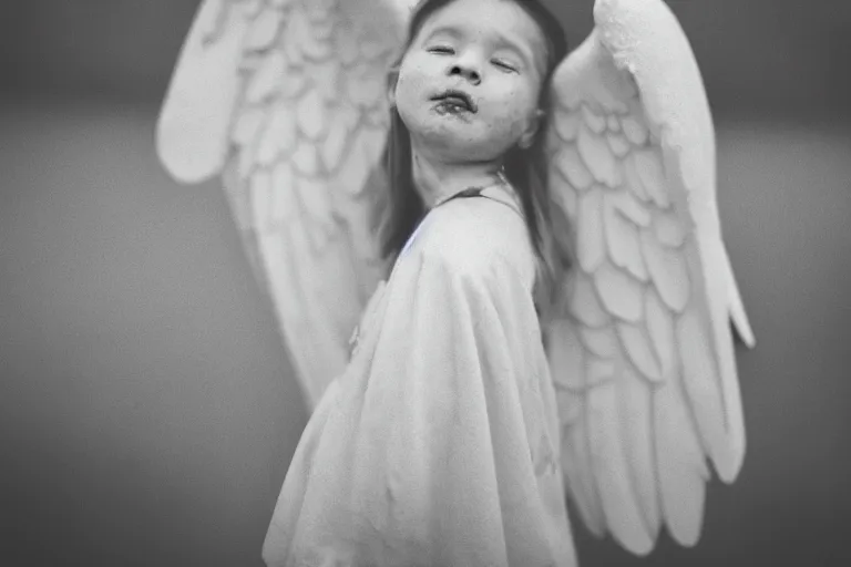 Prompt: photo of a pure white angel subjugated to hate, One of the wings is black, taken with Leica M11 and NOCTILUX 50mm F4.0, Paradium Platinum printed on paper