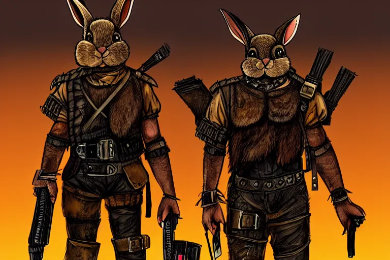 Prompt: a good ol'rabbit fursona ( from the furry fandom ), heavily armed and armored facing down armageddon in a dark and gritty version from the makers of mad max : fury road. witness me.