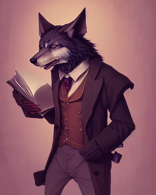 Prompt: anthropomorphic art of a detective wolf, handsome, victorian inspired clothing by artgerm, victo ngai, ryohei hase, artstation. fractal papers and books. highly detailed digital painting, smooth, global illumination, fantasy art by greg rutkowsky, karl spitzweg