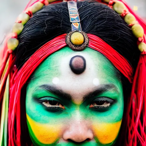 Image similar to minimalist photography portrait of an elaborately adorned female shaman warrior, face paint, symmetrical, super close up, mid thirties, cute round green slanted eyes, ebony skin, wide nostrils, chubby cheeks, high flat eyebrows, ethereal essence, angelic, leica 1 0 0 mm f 0. 8