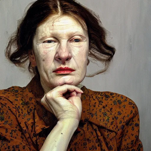 Image similar to high quality high detail painting by lucian freud, hd, portrait of a female photographer, photorealistic lighting