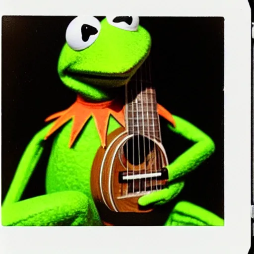 Image similar to Kermit the frog playing ukulele, polaroid photo, instax, white frame, by Warhol,