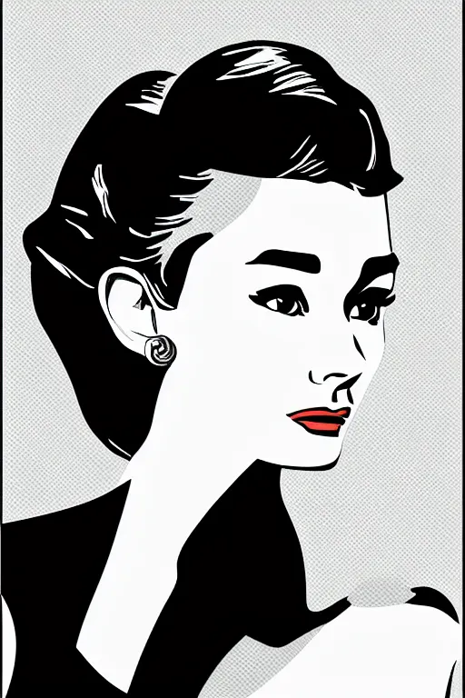 Image similar to digital illustration of Audrey Hepburn by Patrick Nagel artist in black and white