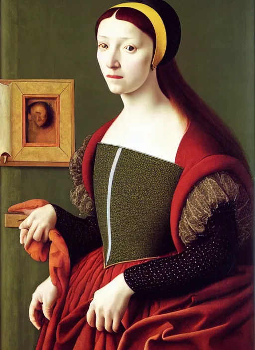 Image similar to portrait of young woman in renaissance dress and hennin, art by petrus christus,