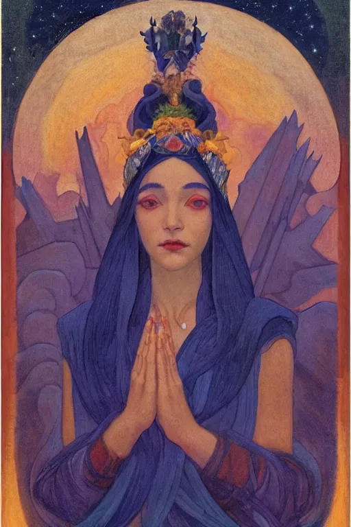 Image similar to queen of twilight with stars in her hair by Nicholas Roerich and Annie Swynnerton and Diego Rivera and jean delville, dramatic cinematic lighting , ornate headdress , flowing robes, sacred artifacts, lost civilizations, smooth, sharp focus, extremely detailed