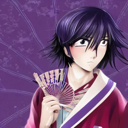 Prompt: anime teenager boy with straight indigo hair, purple eyes with red eye markers, slim body, wearing a detailed Japanese kimono, holding a japanese fan, Super-Resolution, HSL, 2-bit, VR, Uniform, Nano, Senary, RTX, insanely detailed and intricate, hypermaximalist, elegant, ornate, hyper realistic, super detailed, full body, full body shot, full image