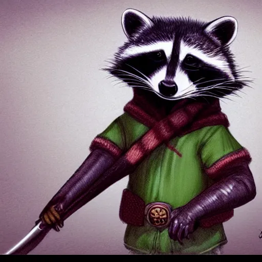 Prompt: a raccoon in a green, hooded rouge outfit holding dagger, trending on art station, D&D