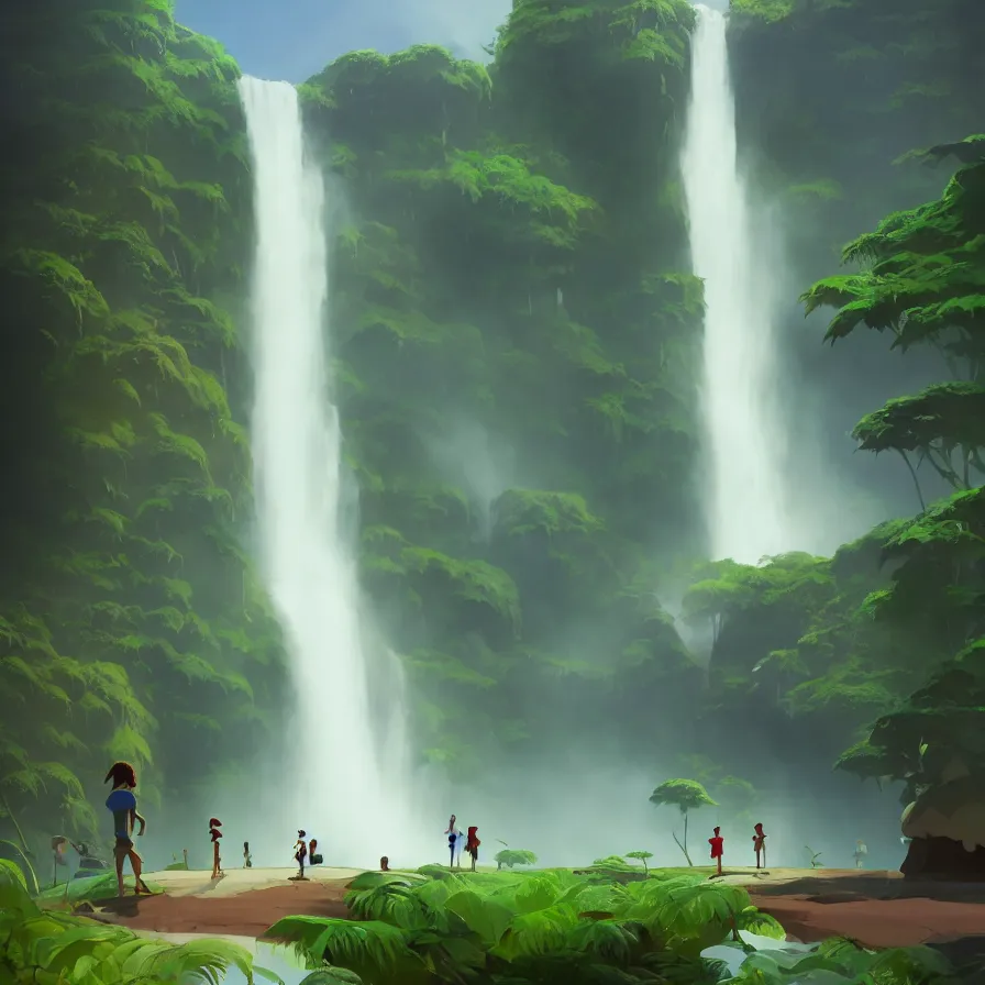 Image similar to Goro Fujita illustrating Front view of a gigantic waterfall surrounded by the Amazon, concept art, sharp focus, ArtStation