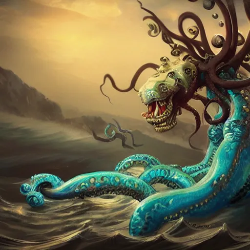 Image similar to kraken arm rising out of the ocean, d & d style, trending on artstation, colorful, intricate, art by kev chan