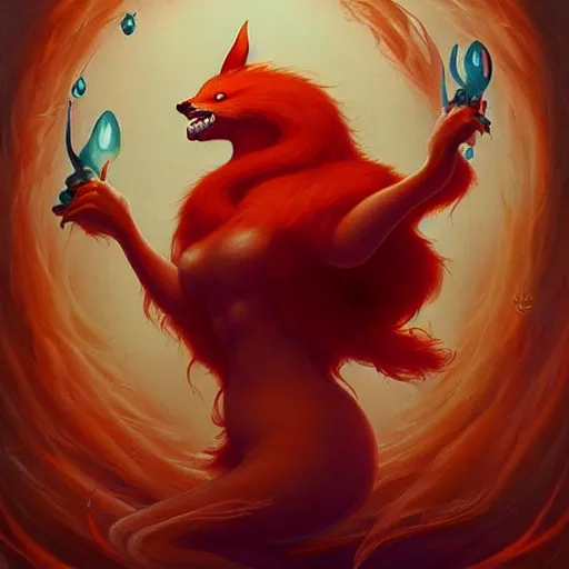 Image similar to prompt A beautiful red orange fluffy kumiho, Peter Mohrbacher