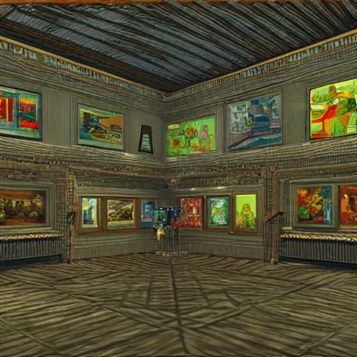 Prompt: the last virtual art museum in a 9 0's video game, made in 1 9 9 0, hyper detailed hd screenshot, in the style of a liminal space