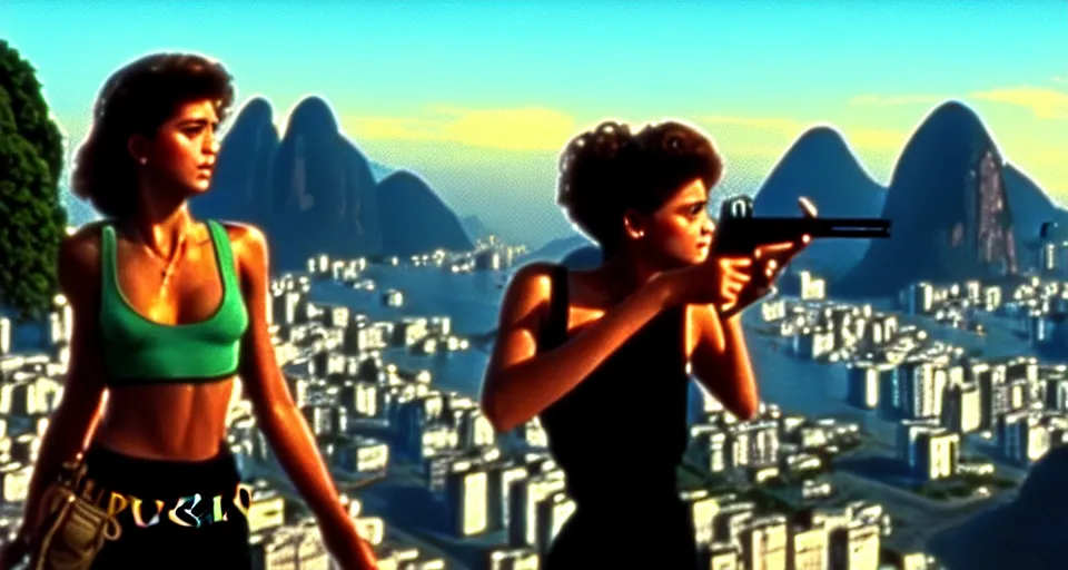 Image similar to 1 9 8 6 movie screencap of a girl with a gun on a rio de janeiro, gucci clothes, sparkes sky, beautiful favela background extremely utra high quality artwork 8 k