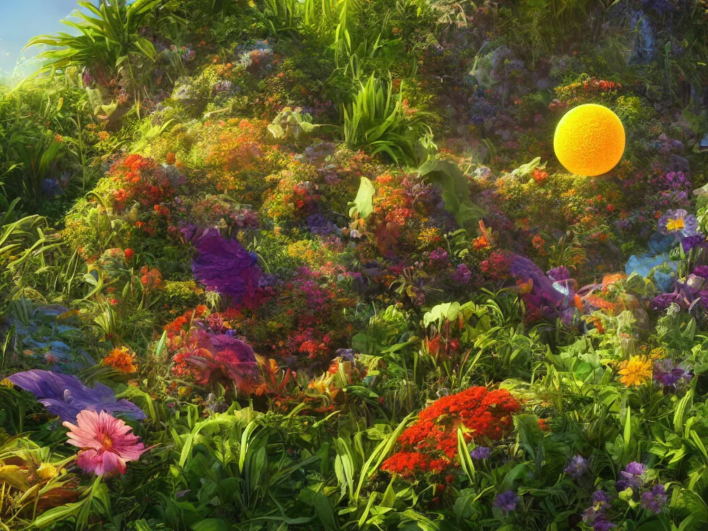 Image similar to sunlight study, the universe is a spheroid region 7 0 5 meters in diameter, art nouveau, kauai wildflower undergrowth, by jan davidz de heem and ( ( ( ( ( lisa frank ) ) ) ) ), 8 k, sharp focus, octane render