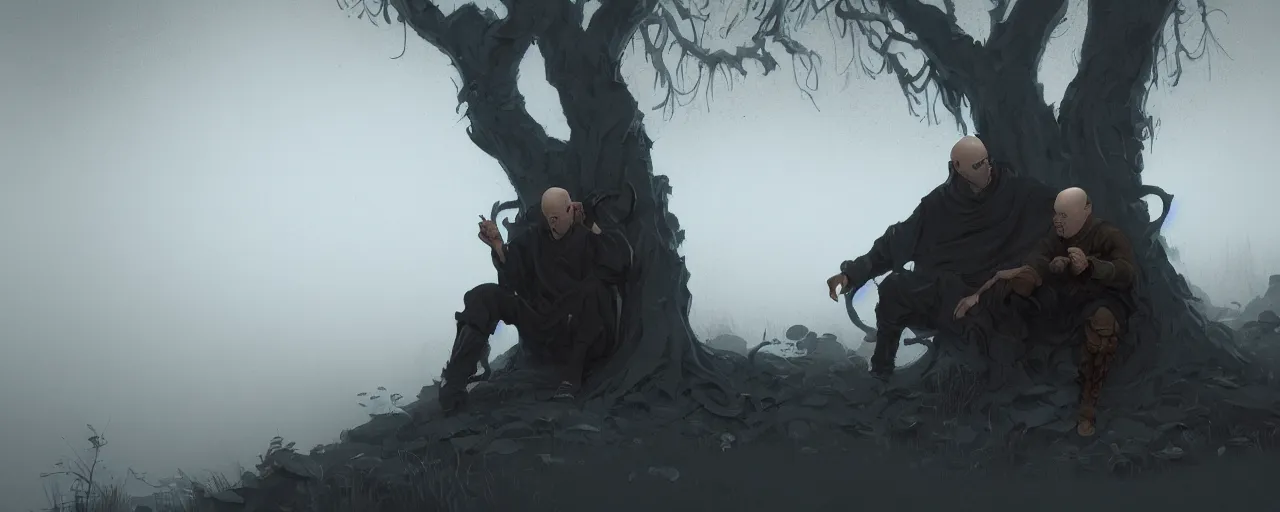 Image similar to duotone noir illustration close up of bald merchant demon sitting below willow tree in medieval brown tunic. foggy evening. dark dream atmosphere with volumetric hellish lighting, by sachin teng and sergey kolesov and ruan jia and heng z. graffiti art, scifi, fantasy, hyper detailed. octane render. concept art. trending on artstation