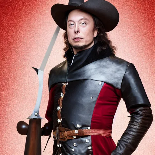 Prompt: photo of elon musk as a musketeer, he has a big black hat with a red feather, he is holding a shiny rapier sword and he is looking straight to the camera, brown background, studio lighting, 4 k, 8 k