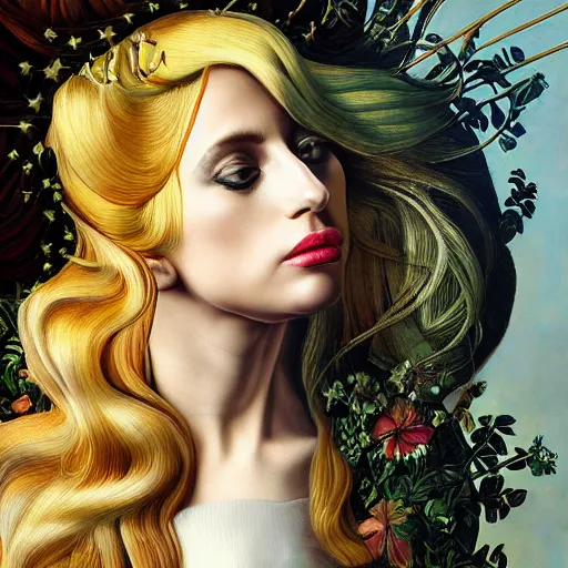 Image similar to photo realistic, hyper realism, lady gaga artpop act ii album, intricate detail, hyper detail, sandro botticelli style, with honey light brown rapunzel hair, detailed, masterpiece, sharp focus,