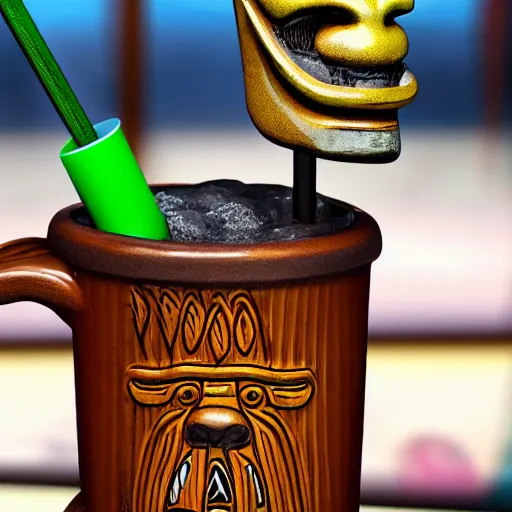 Prompt: a photorealistic photograph of a Trader Vic's tiki mug in the style of Snoop Dogg at a tiki bar - Trending on Artstation, featured on Behance, well-rendered, Unreal Engine, 4K HD