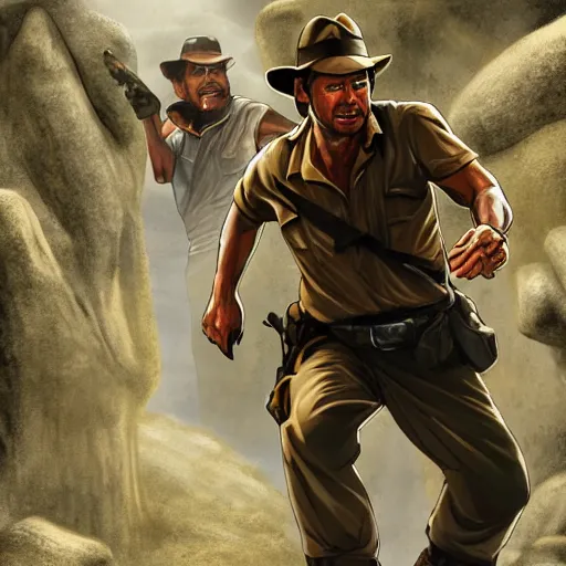 Image similar to Indiana Jones being chased by a boulder trap underground, boulder chase, inside ancient stone temple background, Indiana Jones running away from big round stone, raiders of the lost ark, detailed background, anime key visual