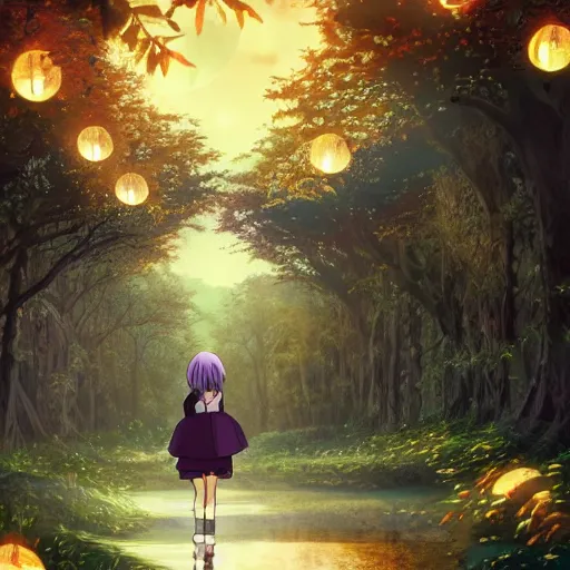 Prompt: anime, incredible wide screenshot, ultrawide, realist proportions, paper texture, intricate, very detailed, studio ghibli movie scene, girl in a dress, beautiful forest village, lanterns, wood bridge, huts, night!!, fireflies!!, fog