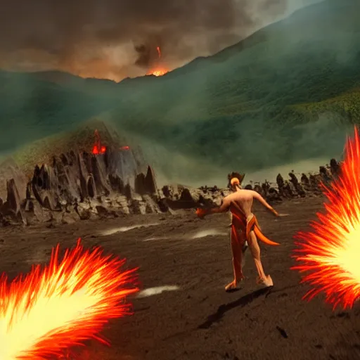 Image similar to epic battle between two wizards, lava in the background, cinematic, establishing shot