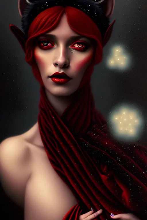 Image similar to Nocturne, glowing, stars, a portrait of black furry shadow monster hybrid woman, highly detailed, mysterious, ethereal, dressed in red velvet, haute couture, illustration, dramatic lighting, soft details, painting, by Edmund Blair Leighton, Brom, Charlie Bowater, trending on artstation, faces by Tom Bagshaw, otto schmidt