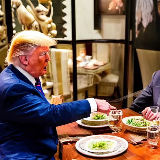 Image similar to Trump and Biden having dinner at a fancy Balinese restaurant, award winning photography, 85mm, perfect faces