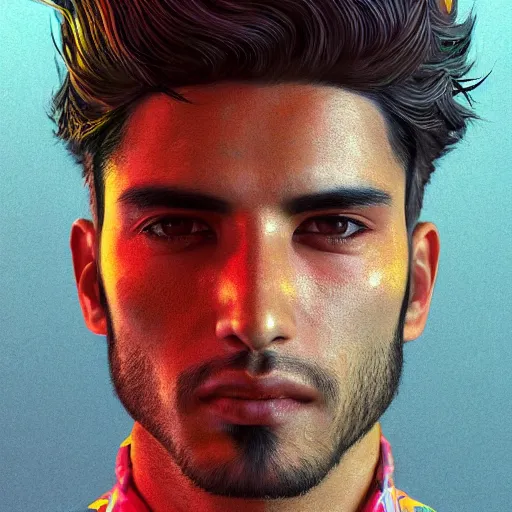 Image similar to portrait of an afghani male model, an ultrafine detailed illustration by james jean, intricate linework, bright colors, final fantasy, behance contest winner, vanitas, angular, altermodern, unreal engine 5 highly rendered, global illumination, radiant light, detailed and intricate environment