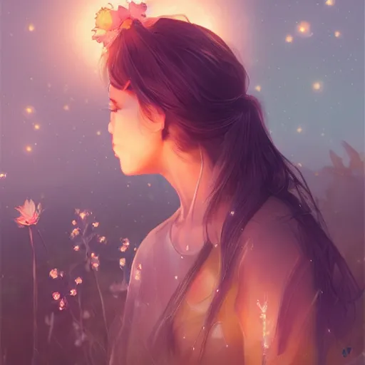 Prompt: close portrait cyber flower at the desert landscape at the night highly detailed, volumetric lighting, sharp focus, bokeh, trending on art station, digital painting by wlop, rossdraws, artgerm