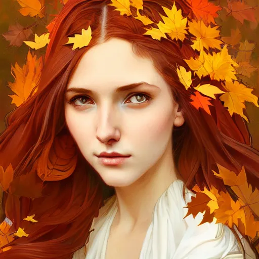 Prompt: girl with super long hair, hair becoming autumn red leaves, digital painting, face, art by artgerm and greg rutkowski and alphonse mucha