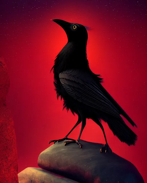 Prompt: beautiful digital fantasy illustration of a black bird with a red background, vanitas, wiccan, tarot card, angel sitting on a rock, abyssal warmth, octane render, detail texture, unreal engine, poster art by victo ngai, 8 k, photographic quality, ultra hyper realistic quality