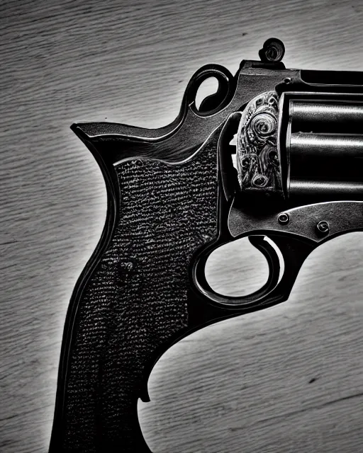 Image similar to realistic detailed revolver, black and white polaroid, western, high production value, intricate details, high resolution, hyperrealistic, hdr, high definition, award winning photography, masterpiece, ultra realistic, highly detailed, hd, sharp focus, cinematic lighting, shaded, non blurry, sharp, smooth