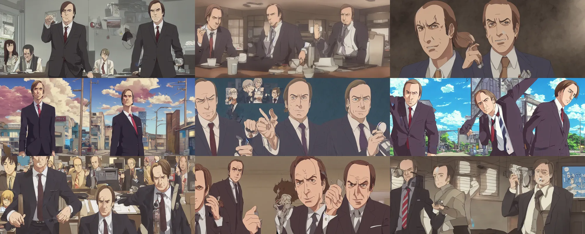 Prompt: Screenshot of Saul Goodman in the Better Call Saul anime, cinematic, highly detailed, style of Studio Ghibli, trending on Pixiv, 4K