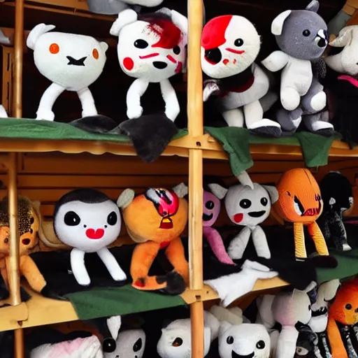 Image similar to haunting plushies being sold at an amusement park, devilish, nightmare - fuel, scary, cursed, evil