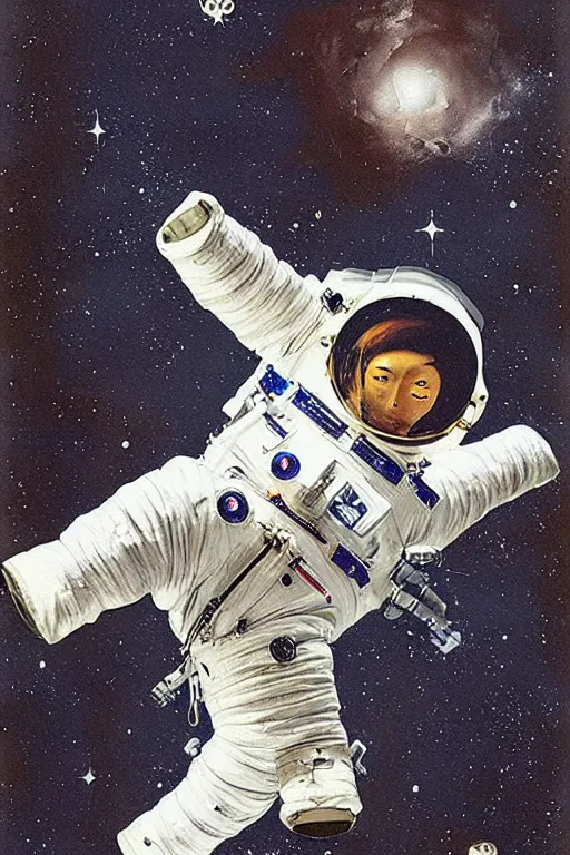 Image similar to a beautiful glitched painting by akiya kageichi of a cosmonaut in space suit falling into a dark abyss