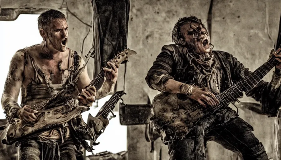 Image similar to Mad Max guitar player from Mad Max Fury Road, movie still, sharp, highly detailed, hollywood movie