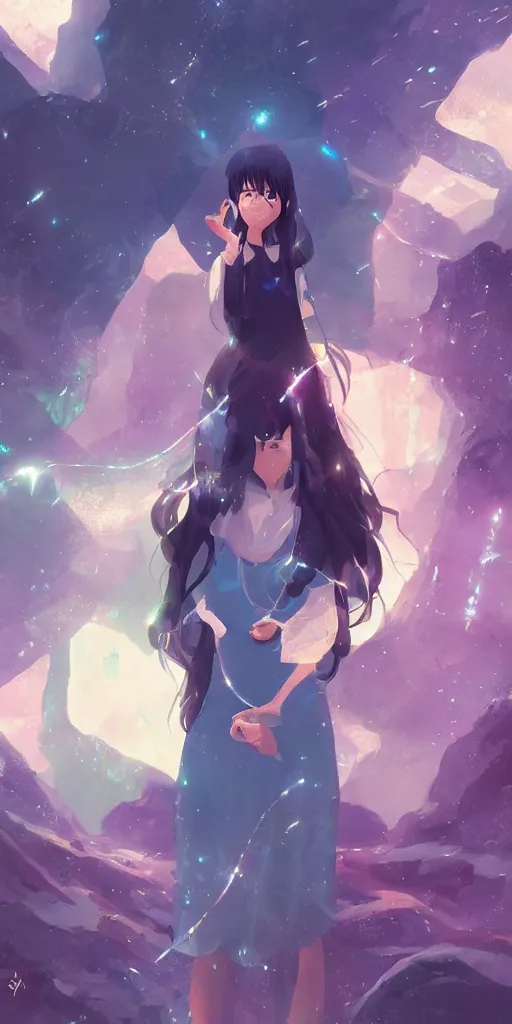 Prompt: beautiful young Himalayan woman with psychic powers, holding crystals, sad, futuristic, somber, by Makoto Shinkai, by rossdraws, dramatic lighting, reflective light