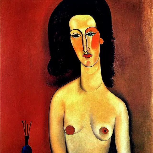 Image similar to a beautiful painting dali in the bathroom, by andy warhol amedeo modigliani realistic oil painting