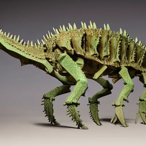 Prompt: hyperrealistic detailed photo of a stegosaurus skeleton, 8 k, located inside of a museum, ambient dim lighting, small green clay stegosaurus model is shown