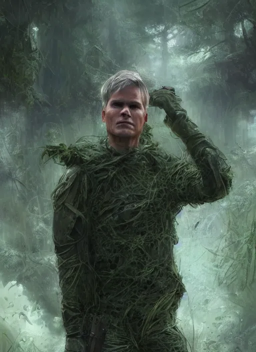 Image similar to portrait of a young richard dean anderson wearing a green combat uniform, in a post appocalyptic city overgrown by plants, by wlop, by luis royo, by greg rutkowski, cover illustration, concept art, volumetric lighting, volumetric atmosphere, sharp focus, octane render, trending on artstation, 8 k