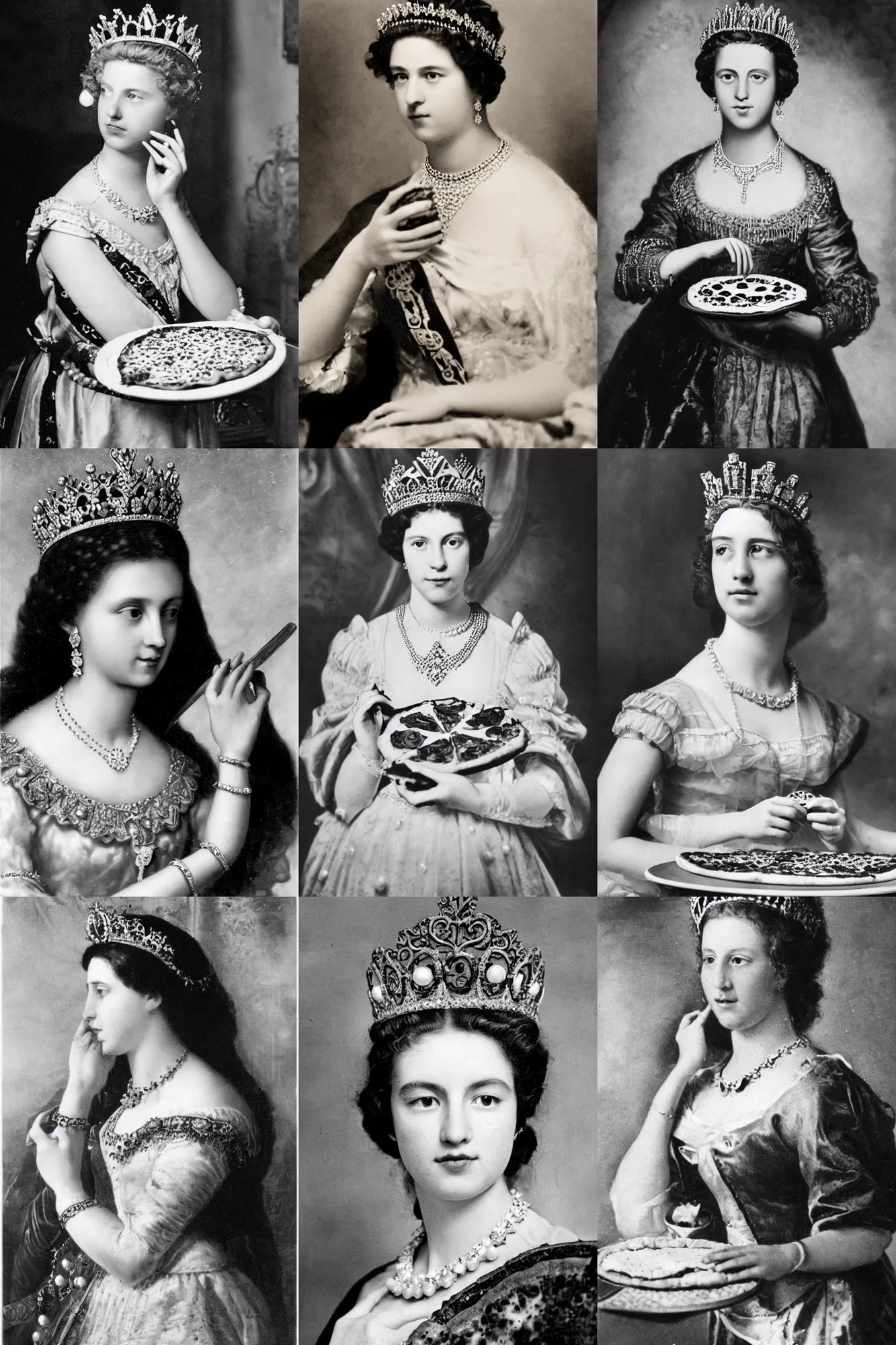 Prompt: a historical photo of young beautiful queen margherita of italy, eating a pizza margherita with her hands, intricate detailed tiara, pearl necklace, black and white photo, smooth lighting, masterpiece, perfect symmetry