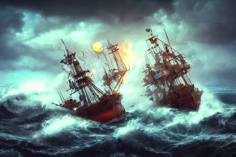 Image similar to epic pirate ship cannon battle in a storm, in the style of vernon grant and chris van allsburg, raging stormy sea, trending on artstation, bright tilt - shift camcorder effect, photoshop, retrowave, hyperrealism, octane, sharp focus, masterpiece