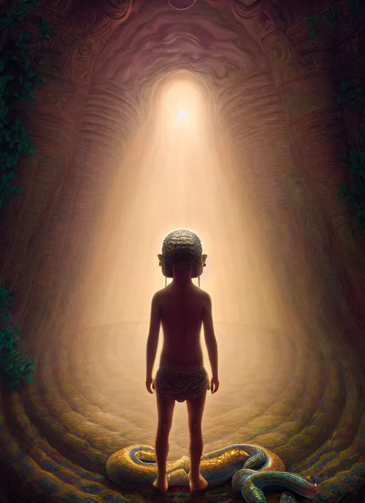 Image similar to hyperreal ultra detailed hypnagogic recollections from the waters of the unconscious. a 3 d psychopomp watching on. an ancient child. prismatic crystal light projections, a doorway threshold, a snake, sharp focus, global illumination, ornate, art by shaun tan, fenghua zhong and daniel merriam and dan mumford octane render