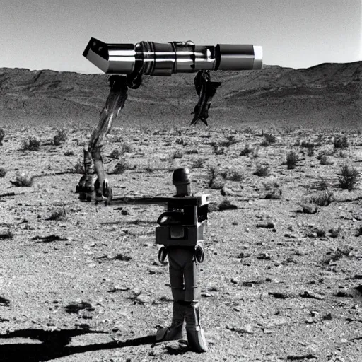 Prompt: a friendly alien in the desert, spaceship in background, arriflex lens